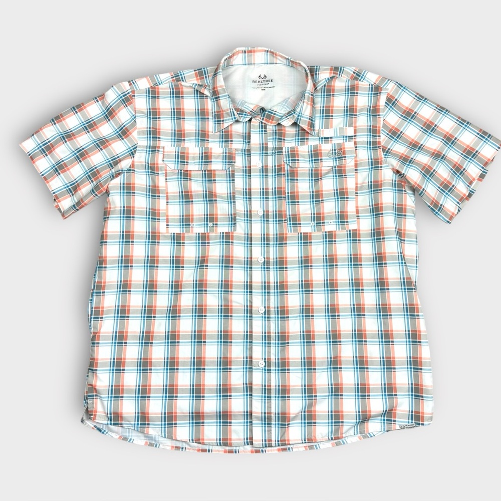 Realtree Fishing Mens XL Short Sleeve Button Down Plaid Performance Shirt Orange